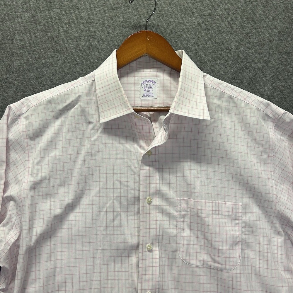 Brooks Brothers Men's 17-33 Shirt Non-Iron Original‎ Polo White Plaid Pink